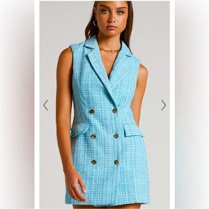 Showpo SHEBA BLAZER DRESS - TWEED SLEEVELESS MINI BLAZER DRESS IN BLUE US 16 NWT
